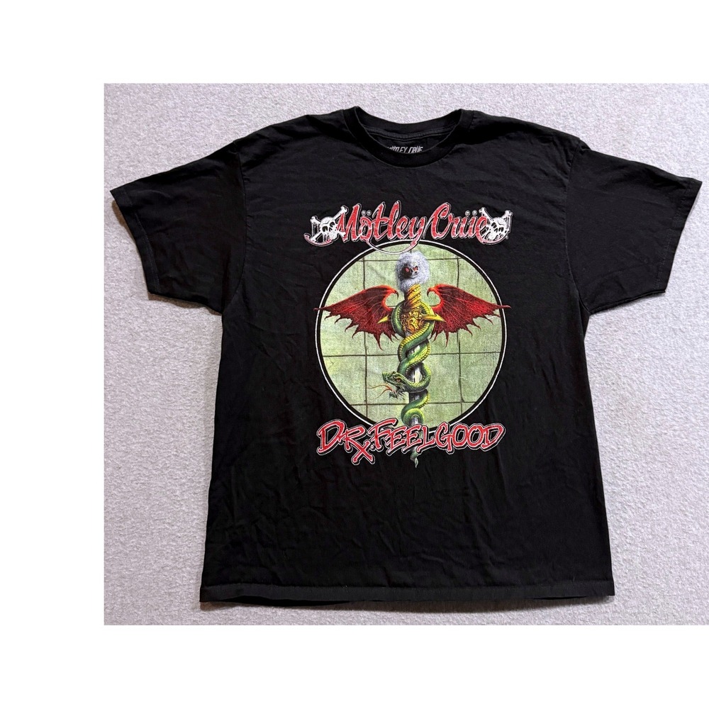 Motley Crue Dr Feelgood Black Graphic T-Shirt Mens XL 100% Cotton Rock Band Tee